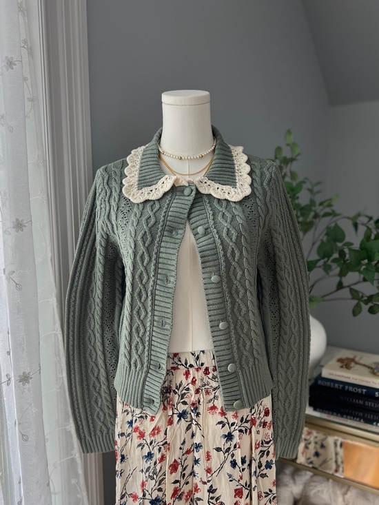 Jessica Simpson Sweaters - Sage Green Cable Knit Cardigan with Cream Crochet Lace Collar NWT